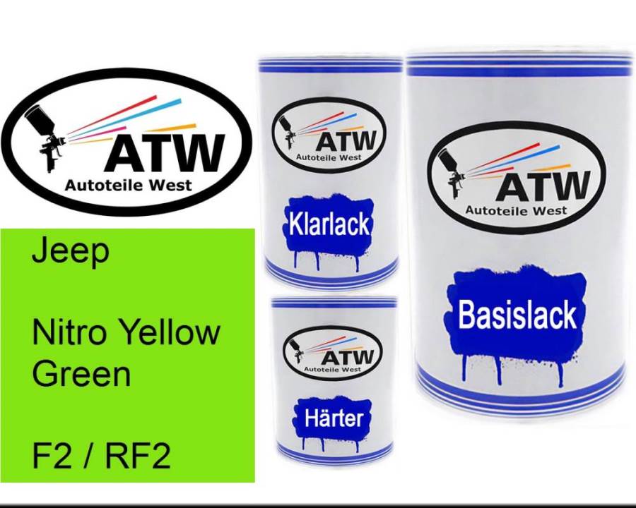 Jeep, Nitro Yellow Green, F2 / RF2: 500ml Lackdose + 500ml Klarlack + 250ml Härter - Set, von ATW Autoteile West.